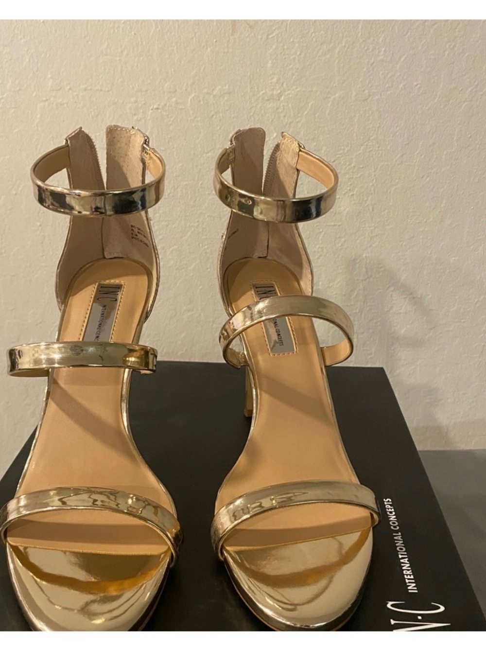 INC International Concepts Metallic Gold Three-Strap High Heel Sandals